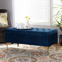 Baxton Studio WS-H68-GD-Navy Blue Velvet/Gold-Otto Valere Glam and Luxe Navy Blue Velvet Fabric Upholstered Gold Finished Button Tufted Storage Ottoman